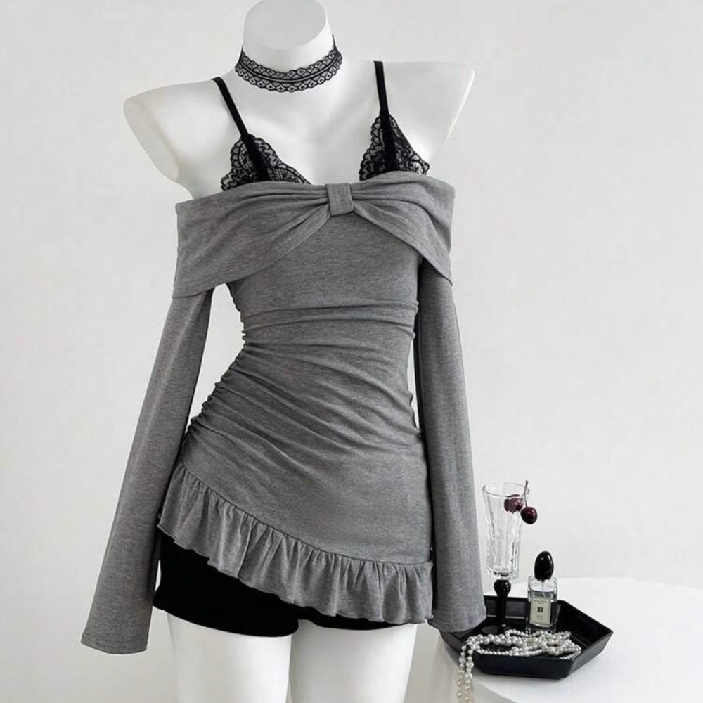 🐰 Never Worn Cute Gray Off-Shoulder Top with Black Lace Details